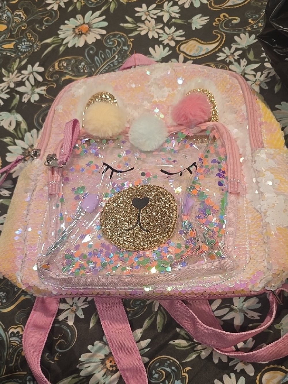 ❤️5/$25 New Kids Pink Sequin Bear Backpack with Pom-Poms